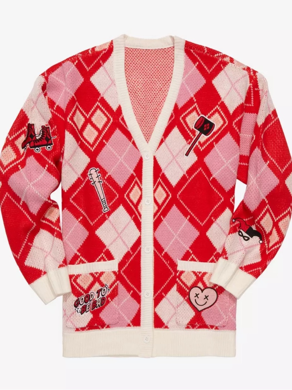 Harley Quinn Pink & Red Argyle Cardigan Sweater Size Medium - Picture 2 of 11